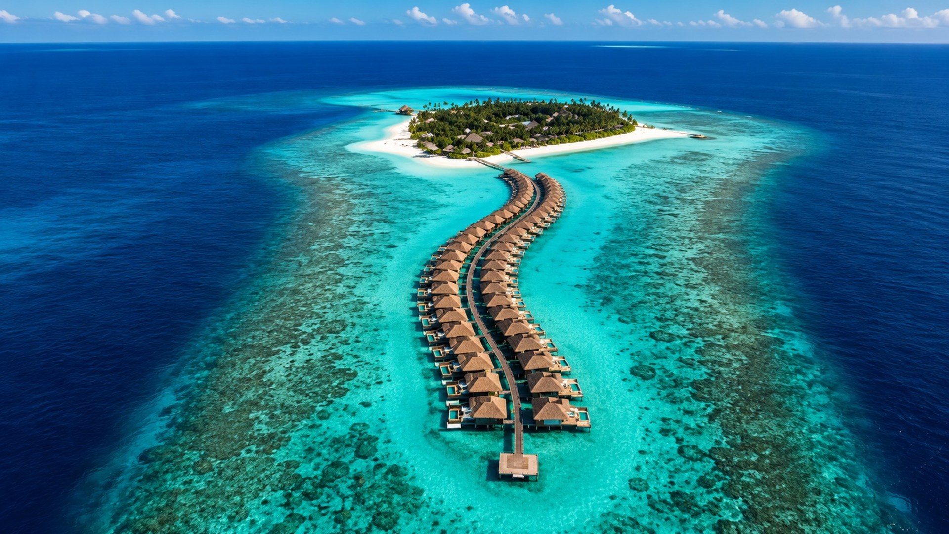 Aerial view of overwater villas