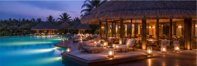 Luxury tropical resort at night